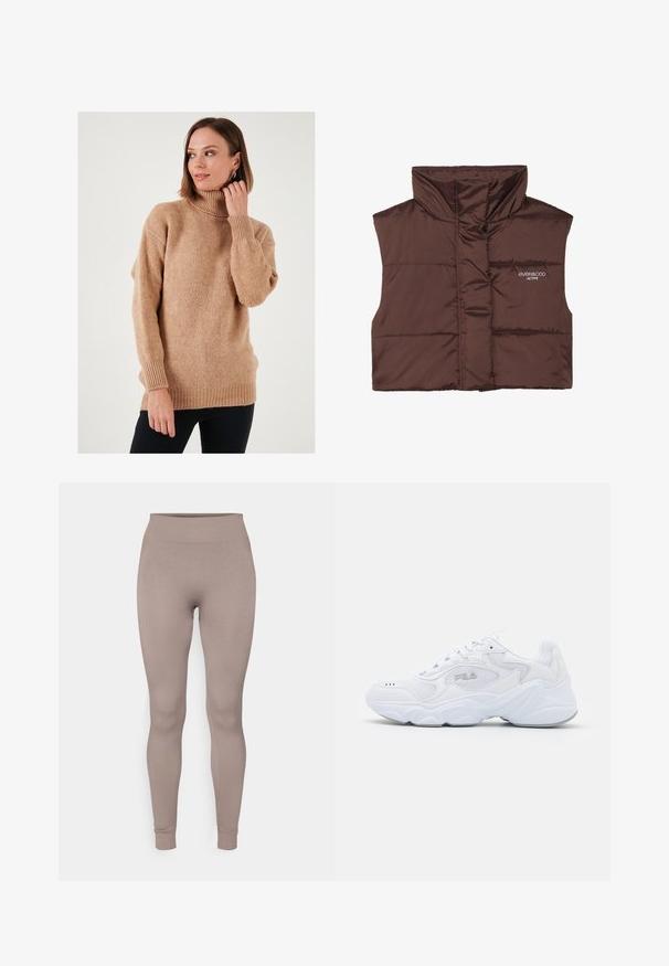 Brown padded sleeveless vest with high collar, featuring a zip front and sewn-in logo detail on the left side. Smooth, glossy texture.; Beige turtleneck sweater with a loose fit, knit texture, and ribbed cuffs and hem. Front slightly longer with dropped shoulders, creating a relaxed look.; Ribbed leggings in a soft taupe color, featuring a high waistband, slim fit, and tapered ankles. Made from a textured, stretchable fabric.; White athletic shoe with a textured mesh upper, padded collar, and chunky sole. Features a logo on the side and lace-up closure.