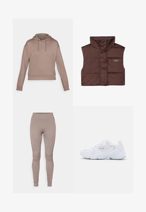 Gilet imbottito marrone senza maniche con colletto alto, dotato di chiusura con zip e dettaglio del logo cucito sul lato sinistro. Texture liscia e lucida.; ONLY Play ONPLOUNGE LIFE HOOD - Felpa con cappuccio - walnut; Leggings a costine in un morbido colore taupe, con vita alta, vestibilità slim e caviglie affusolate. Realizzati in un tessuto strutturato e elasticizzato.; Scarpa sportiva bianca con tomaia in mesh testurizzato, colletto imbottito e suola spessa. Presenta un logo sul lato e chiusura con lacci.