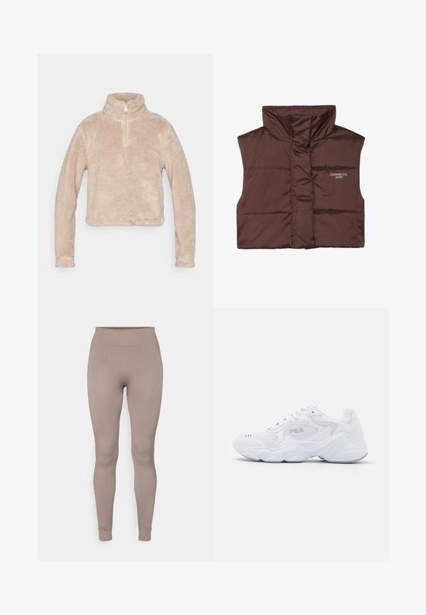 Brown padded sleeveless vest with high collar, featuring a zip front and sewn-in logo detail on the left side. Smooth, glossy texture.; Beige fleece pullover with a high collar and half-zip closure. Features long sleeves and a cropped hem. Soft, textured fabric.; Ribbed leggings in a soft taupe color, featuring a high waistband, slim fit, and tapered ankles. Made from a textured, stretchable fabric.; White athletic shoe with a textured mesh upper, padded collar, and chunky sole. Features a logo on the side and lace-up closure.