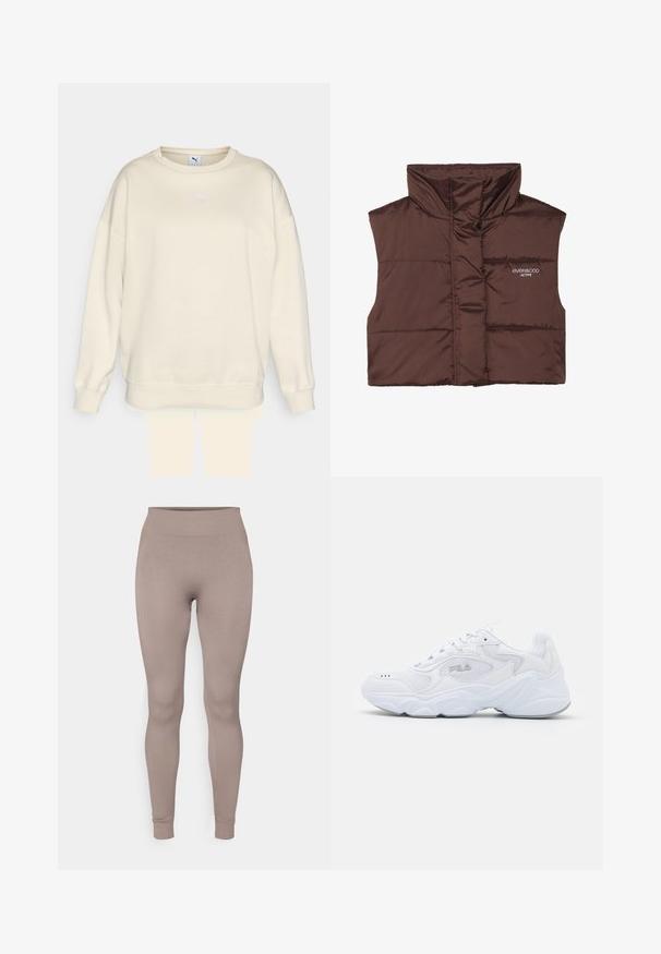 Rudas pūkuotas be rankovių liemenė su aukštu apykakle, turinti užtrauktuką priekyje ir siuvinėtą logotipo detalę kairėje pusėje. Lygus, blizgus paviršius.; Šviesiai rudas džemperis su klasikiniu apykaklės dizainu, laisvu pjaustymu ir nertomis rankogaliais. Pirmame plane matoma maža purpurinė Puma emblema ant krūtinės. Minkšta tekstūra.; Ribotos leggingai švelnios taupe spalvos, su aukštu juosmeniu, lieknu siluetu ir siaurėjančiais kulkšnais. Pagaminti iš tekstūruoto, tamprios medžiagos.; Balta sportinė avalynė su tekstūruota tinkleliu viršuje, paminkštintu auliuku ir storu padu. Yra logotipas šone ir raištelių užsegimas.