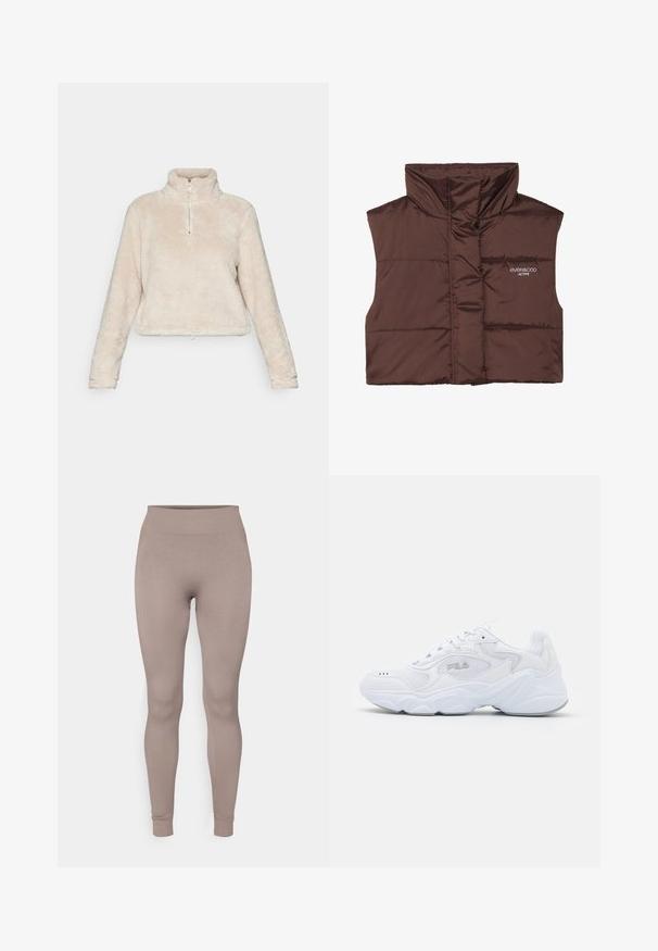 Veste sans manches en peluche marron avec col haut, dotée d'une fermeture éclair à l'avant et d'un logo cousu sur le côté gauche. Texture lisse et brillante.; Pull léger en polaire à zip quart en beige clair, avec un col montant, des manches longues et un ourlet avec cordon de serrage. Tissu doux et texturé.; Leggings côtelés dans une douce couleur taupe, avec une taille haute, une coupe slim et des chevilles fuselées. Fabriqués en tissu texturé et extensible.; Baskets blanches avec une tige en mesh texturé, un col rembourré et une semelle épaisse. Présente un logo sur le côté et un système de laçage.