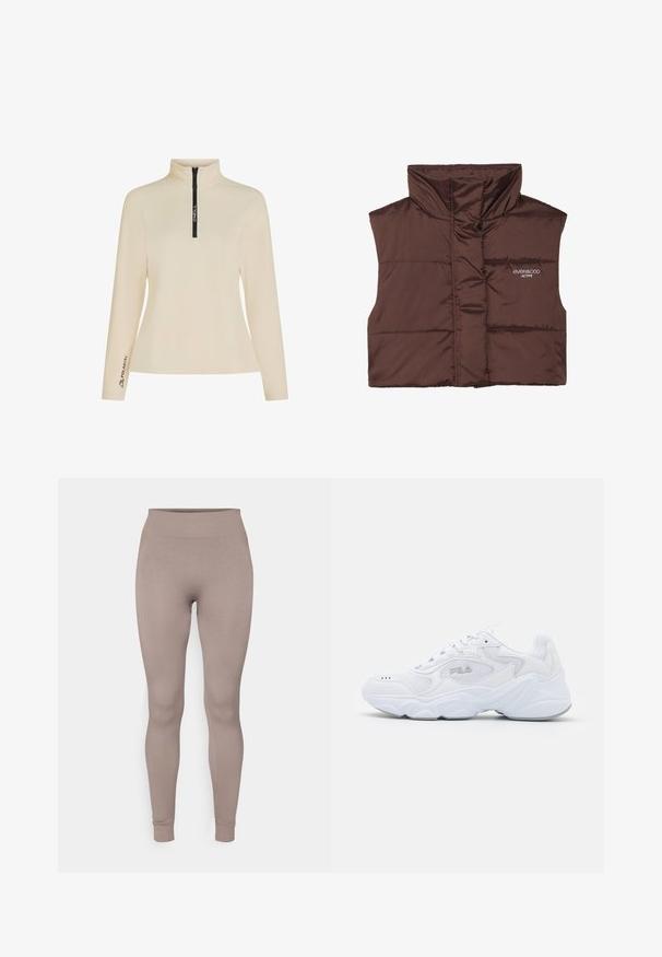 Veste sans manches en peluche marron avec col haut, dotée d'une fermeture éclair à l'avant et d'un logo cousu sur le côté gauche. Texture lisse et brillante.; Pull-over en polaire beige avec un col montant, un zip court à l'avant et une fermeture éclair noire avec logo. Présente le logo "Polartec" sur la manche. Texture lisse.; Leggings côtelés dans une douce couleur taupe, avec une taille haute, une coupe slim et des chevilles fuselées. Fabriqués en tissu texturé et extensible.; Baskets blanches avec une tige en mesh texturé, un col rembourré et une semelle épaisse. Présente un logo sur le côté et un système de laçage.