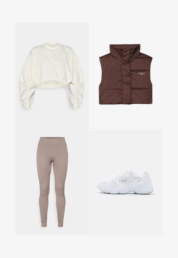 Brown padded sleeveless vest with high collar, featuring a zip front and sewn-in logo detail on the left side. Smooth, glossy texture.; Cropped sweatshirt in off-white fabric, featuring a ribbed crew neck, dropped shoulders, and banded hem. Smooth texture and minimal design.; Ribbed leggings in a soft taupe color, featuring a high waistband, slim fit, and tapered ankles. Made from a textured, stretchable fabric.; White athletic shoe with a textured mesh upper, padded collar, and chunky sole. Features a logo on the side and lace-up closure.