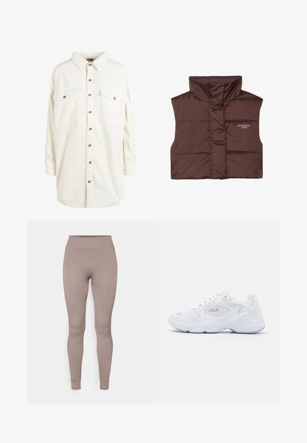Chaleco sin mangas acolchado marrón con cuello alto, con cierre de cremallera en la parte frontal y detalle de logo cosido en el lado izquierdo. Textura suave y brillante.; Camisa de corduroy color crema de manga larga con cuello, botones marrones en la parte delantera y dos bolsillos en el pecho con botón.; Leggings acanalados en un suave color taupe, con una cintura alta, ajuste ceñido y tobillos ajustados. Fabricados con un tejido texturizado y elástico.; Zapatilla deportiva blanca con parte superior de malla texturizada, cuello acolchado y suela gruesa. Presenta un logo en el lateral y cierre con cordones.
