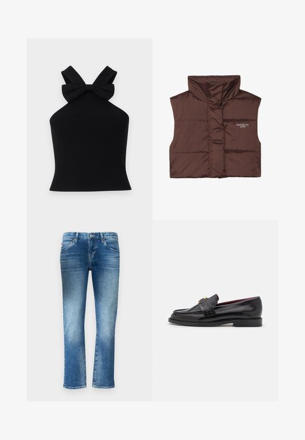 Vesta bej cu umplutură, fără mâneci și cu guler înalt, având un fermoar frontal și detalii logo cusute pe partea stângă. Textură netedă și lucioasă.; Top halter negru, cu striții, featuring bretele late și un detaliu sub formă de fundiță în spate, având o siluetă ajustată și o textură netedă.; Blugi din denim de culoare albastru deschis, cu un design cu picior drept, decolorare subtilă și talie medie. Conțin cinci buzunare și bucle pentru curea.; Mocasini din piele neagră cu un model cusut, textură netedă, detaliu cu cataramă aurie și vârf rotund, așezați pe o talpă joasă neagră.