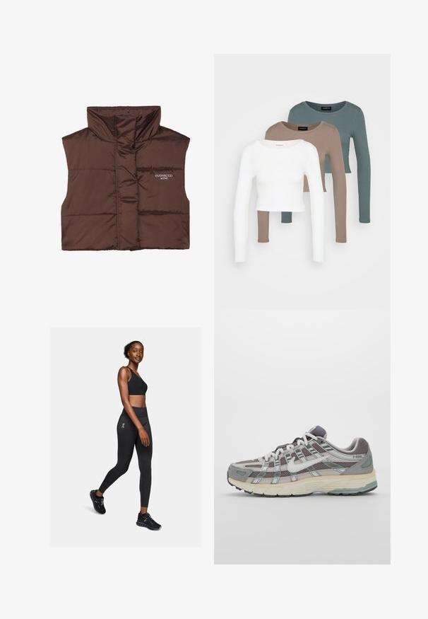 Gilet imbottito marrone senza maniche con colletto alto, dotato di chiusura con zip e dettaglio del logo cucito sul lato sinistro. Texture liscia e lucida.; Tre top corti a maniche lunghe impilati, nei colori bianco, beige e blu verde tenue, con scollature rotonde su uno sfondo grigio chiaro.; Reggiseno sportivo nero e leggings in materiale elasticizzato, con vita alta e dettaglio con logo, abbinati a scarpe da ginnastica nere.; Scarpa sportiva grigia con tomaia in mesh e suede, dettagli bianchi, suola ammortizzata e un design distintivo con elementi riflettenti.