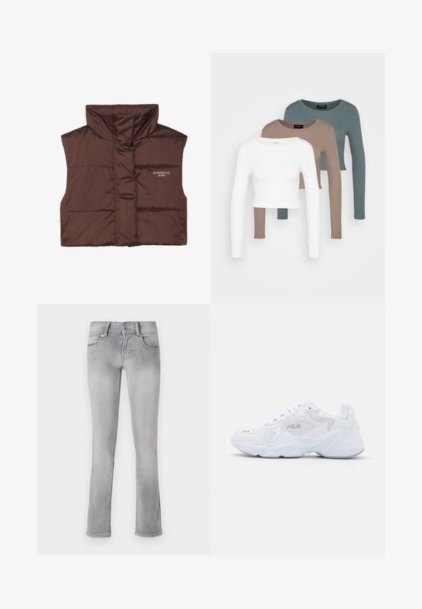 Rjava podložena brezrokavnica z visokim ovratnikom, ki ima zadrgo spredaj in vdelan logotip na levi strani. Gladka, sijoča tekstura.; Trii dolgi rokavi kroji vrhovi zloženi, barve bela, bež in umirjena teal, z okroglimi izrezi na svetlo sivi podlagi.; Sive jeans z oblikovanim krojem, z rahlo širjenjem na konicah, dvema sprednjima žepoma in zapiranjem na gumb. Posvetljena tekstura po celotni dolžini.; Bela športna obuvala z teksturirano mrežasto zgornjico, oblazinjeno obrobo in debelim podplatom. Ima logotip ob strani in vezalni sistem.