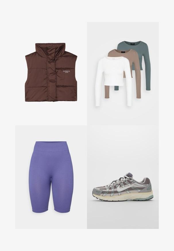 Ruskean pehmustettu hihaton liivi korkealla kauluksella, jossa on vetoketjusuljenta ja ommeltu logotiedosto vasemmalla puolella. Sileä, kiiltävä rakenne.; Kolme pitkähihasta lyhyttä toppia pinottuna, värit valkoinen, beige ja vaimea teal, pyöreillä kaula-aukkoilla vaaleanharmaata taustaa vasten.; Violetti korkeavyötäröiset pyöräilyshortsit, joissa on ribbitekstuuri, istuva muotoilu ja puoliväli reiteen. Ei huomattavia varusteita tai kuvioita.; Harmaa urheilukenkä, jossa on verkko- ja mokkanahkainen yläosa, valkoiset yksityiskohdat, pehmustettu pohja ja erottuva muotoilu heijastavilla elementeillä.