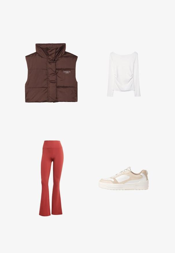 Veste sans manches en peluche marron avec col haut, dotée d'une fermeture éclair à l'avant et d'un logo cousu sur le côté gauche. Texture lisse et brillante.; Haut blanc à manches longues avec un large décolleté et un détail froncé à l'arrière. Texture lisse, design ajusté.; Leggings rouges évasés avec une taille haute, fabriqués en tissu extensible. Texture lisse sans motifs ni quincaillerie visibles.; Baskets beige et blanches avec un dessus en cuir lisse, un bout perforé, un design à lacets, des accents texturés et une semelle en caoutchouc épaisse.