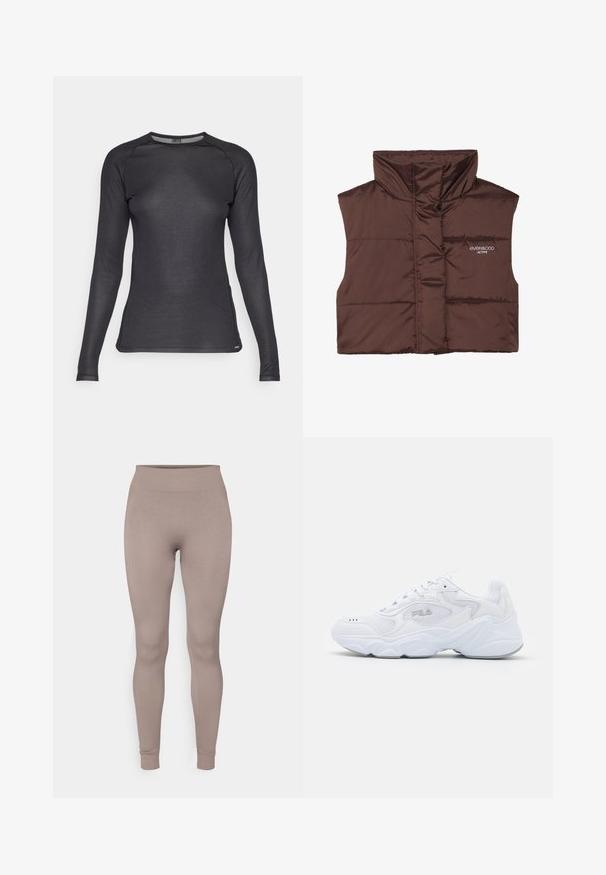 Smešani smešano smešani prsluk smešano bez rukava sa visokim ovratnikom, sa prednjim zatvaračem i ušivenim logom s lijeve strane. Glatka, sjajna tekstura.; Dugih rukava crna atletska majica izrađena od teksturiranog, prozračnog materijala. Ima okrugli izrez i raglan rukave za lakše kretanje.; Rebraste tajice u mekoj taupe boji, s visokim strukom, uskim krojem i suženim gležnjevima. Izrađene od teksturiranog, rastezljivog materijala.; Bijela atletska cipela s teksturiranim mrežastim gornjim dijelom, podstavljenim ovratnikom i debelim potplatom. Ima logotip sa strane i vezanje na vezice.