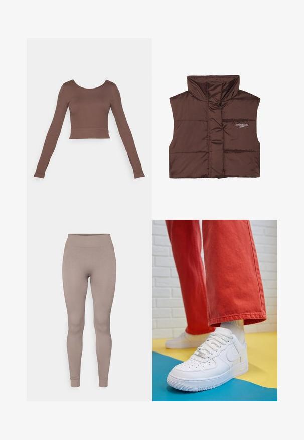 Hnedý prešívaný bezrukávový vest s vysokým golierom, s jedným zipsom vpredu a zošitým logom na ľavej strane. Hladká, lesklá textúra.; Hnedý dlhý rukáv cropped top z rebrovanej látky, ktorý má okrúhly výstrih a priliehavý strih, s čistým lemom a bezšvovými manžetami.; Ribkované legíny v jemnej taupe farbe, s vysokým pásom, úzkym strihom a zúženými členkami. Vyrobené z textúrovaného, elastického materiálu.; Biele kožené tenisky s perforovanou špičkou, textúrovanou podrážkou a bielymi šnúrkami, spárované so širokými červenými nohavicami na modrom a žltom pozadí.