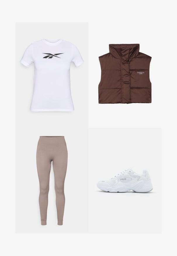 Bruine gewatteerde mouwloze vest met hoge kraag, voorzien van een rits aan de voorkant en een ingenaaide logo-detail aan de linkerkant. Gladde, glanzende textuur.; Witte shirt met korte mouwen gemaakt van gladde stof, met een groot zwart logo in het midden. Eenvoudige ronde halslijn.; Geribbelde leggings in een zachte taupe kleur, met een hoge tailleband, slim fit en tapse enkels. Gemaakt van een textiel met structuur en rekbaarheid.; Witte sportschoen met een gemêleerde mesh bovenzijde, gewatteerde kraag en dikke zool. Voorzien van een logo op de zijkant en vetersluiting.