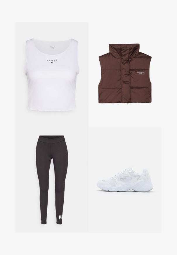 Colete acolchoado castanho sem mangas com colarinho alto, apresentando fecho de correr frontal e detalhe de logótipos cosido no lado esquerdo. Textura lisa e brilhante.; Top curto branco com um design texturizado, apresentando um decote redondo e o logótipo "HYROX" em preto, além de um pequeno logótipo no peito.; Leggings pretas feitas de um tecido elástico, com um cós alto e um logótipo branco impresso na parte inferior da perna esquerda. Textura suave.; Sapatilha atlética branca com um cabedal de malha texturizada, colarinho acolchoado e sola volumosa. Apresenta um logotipo na lateral e fecho de atacadores.