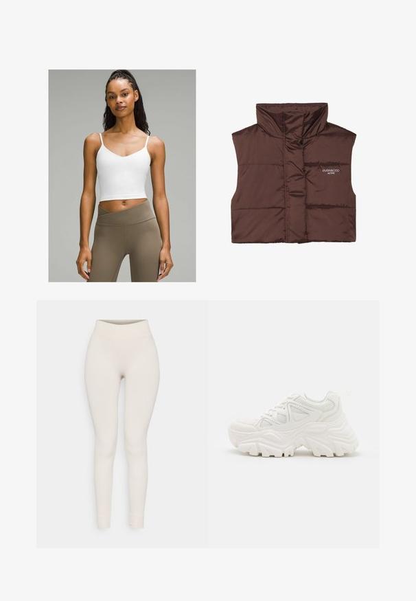 Braune gepolsterte ärmellose Weste mit hohem Kragen, ausgestattet mit einem Reißverschluss vorne und eingesticktem Logo-Detail auf der linken Seite. Glatte, glänzende Textur.; Weißes, bauchfreies Tanktop mit dünnen Trägern und V-Ausschnitt. Kombiniert mit hochgeschnittenen, hellbraunen Leggings. Glatte Stofftextur.; Rippleggings in Beige mit hohem Bund und figurbetontem Schnitt. Glatte Textur mit schmal zulaufenden Beinen und Bündchen am Saum.; Weiße klobige Sneakers mit strukturiertem Obermaterial, Mesh-Einsätzen und dicken Gummisohlen mit markantem Profil. Inklusive Schnürsenkeln und Zuglasche.