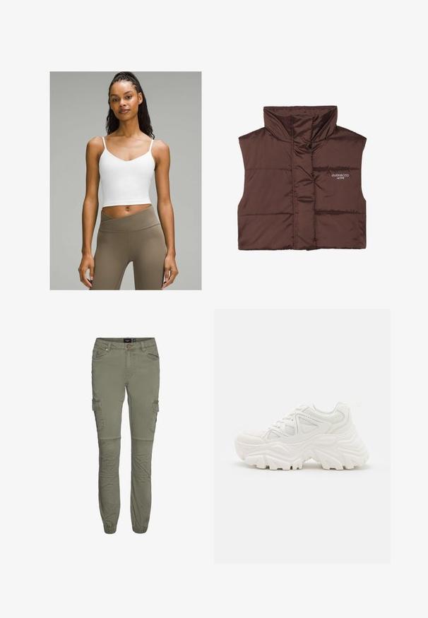 Chaleco sin mangas acolchado marrón con cuello alto, con cierre de cremallera en la parte frontal y detalle de logo cosido en el lado izquierdo. Textura suave y brillante.; Top corto blanco sin mangas con tirantes finos, con un escote en forma de V. Combinado con leggings de tiro alto, de color marrón claro. Textura de tela suave.; Pantalones cargo verde oliva en mezcla de algodón duradera con puños ajustados, múltiples bolsillos y pliegues en las rodillas para mayor movilidad.; Zapatillas deportivas blancas y gruesas con un upper texturizado, paneles de malla y suelas de goma gruesas con un patrón de relieve prominente. Incluyen cordones y una lengüeta.