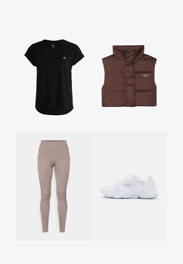 Pruun polsterdatud ilma varrukateta vest kõrge kaelusega, millel on külje peal luku ees ja õmmeldud logo detail. Sile, läikiv tekstuur.; Musta lühikeste varukatega t-särk pehmest kangast, millel on kaarjas ääreline ja väike logo rinnal. Lihtne ja minimalistlik disain.; Ribidega retuusid pehmes taupe värvitoonis, millel on kõrge vöökoht, kitsas lõige ja kitsenevad pahkluud. Valmistatud tekstuurilisest, venitatavast kangast.; Valge spordijalats tekstuuriga pealmise osaga, pehmendatud kraega ja paksu tallaga. Küljele on pandud logo ja see on kinnitatud paeltega.