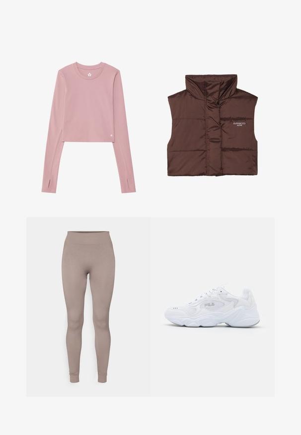 Veste sans manches en peluche marron avec col haut, dotée d'une fermeture éclair à l'avant et d'un logo cousu sur le côté gauche. Texture lisse et brillante.; T-shirt court à manches longues en tissu rose doux ; présente un col rond, des trous pour les pouces dans les poignets et un petit logo sur l'ourlet.; Leggings côtelés dans une douce couleur taupe, avec une taille haute, une coupe slim et des chevilles fuselées. Fabriqués en tissu texturé et extensible.; Baskets blanches avec une tige en mesh texturé, un col rembourré et une semelle épaisse. Présente un logo sur le côté et un système de laçage.