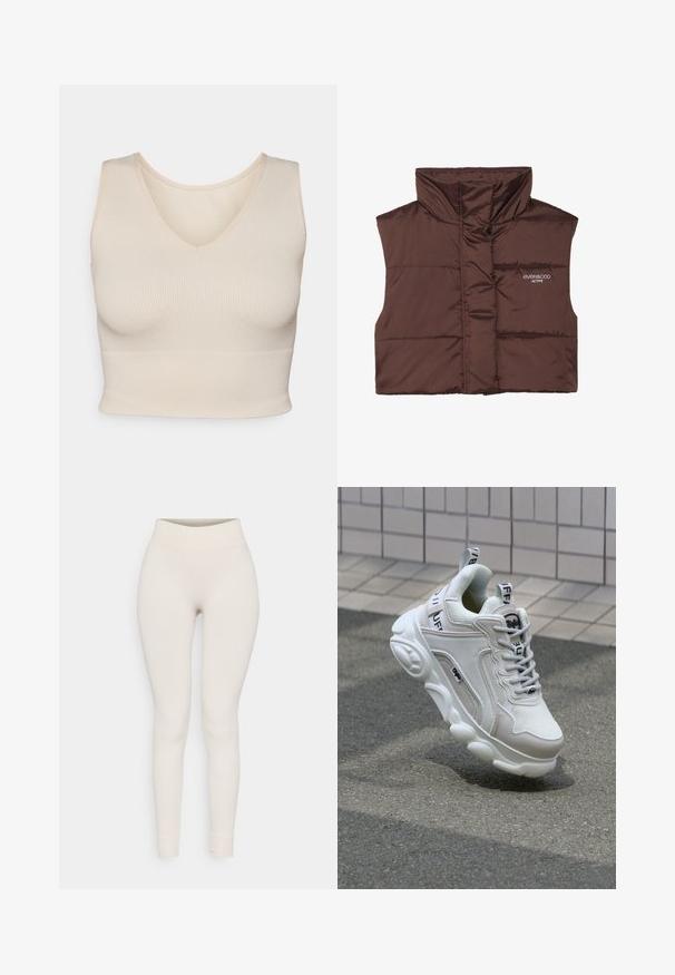 Pruun polsterdatud ilma varrukateta vest kõrge kaelusega, millel on külje peal luku ees ja õmmeldud logo detail. Sile, läikiv tekstuur.; Hõbedane ribakujuline kampsun v-kaelusega, külgedele sobiv, laiad rihmad ja ühtlane ääreviimistlus, valmistatud pehmest ja venivast kangast.; Beeziga ribidega legginsid, millel on kõrge vöökoht ja sobiv disain. Sile tekstuur, kitsenevad sääred ja hõlmad.; Valge tenniseking, mis on valmistatud võrgu- ja nahamaterjalidest, ümardatud varbaga, paksu tallaga, silmapaistvate paeltega ning brändingu ja sildiga kandadel ja keeltel.