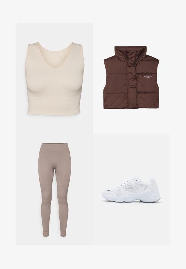 Brun polstret ermeløs vest med høy krage, med glidelås foran og sydd inn logo-detalle på venstre side. Glatt, blank tekstur.; Lys beige ribbet topp med V-hals, fitted form, brede stropper og sømling nederst, laget av et mykt, elastisk stoff.; Ribbestrømper i en myk taupe-farge, med høy midje, slim fit og avsmalnede ankler. Laget av et strukturert, elastisk stoff.; Hvite joggesko med et strukturert mesh-overdel, polstret krage og tykk såle. Har en logo på siden og snøring.