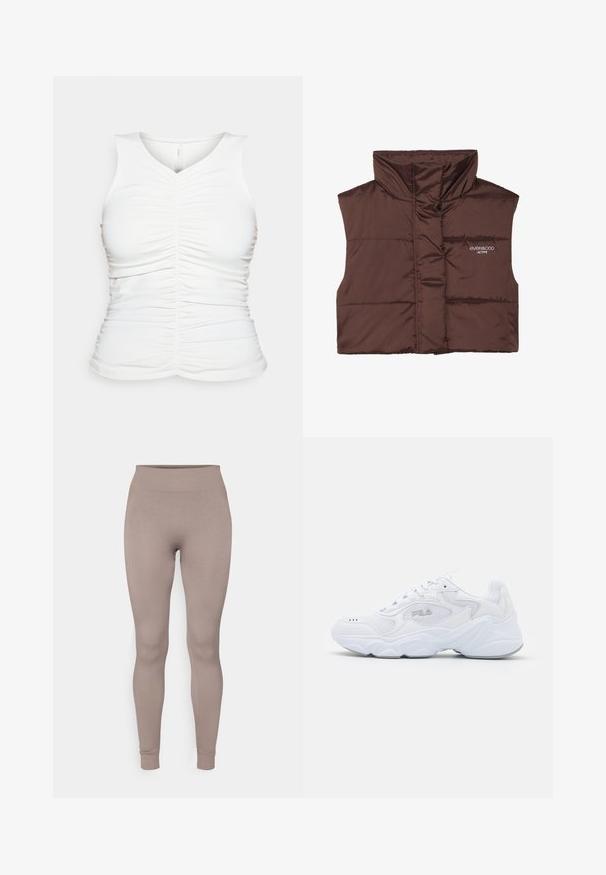 Hnedý prešívaný bezrukávový vest s vysokým golierom, s jedným zipsom vpredu a zošitým logom na ľavej strane. Hladká, lesklá textúra.; Biela bezrukávová blúzka s nariadením pozdĺž prednej a bočných častí. Mäkka, hladká textúra; výstrih do V; priliehavý strih.; Ribkované legíny v jemnej taupe farbe, s vysokým pásom, úzkym strihom a zúženými členkami. Vyrobené z textúrovaného, elastického materiálu.; Biele športové topánky s textúrovaným sieťovaným zvrškom, polstrovaným golierom a výraznou podrážkou. Obsahuje logo na boku a šnurovanie.
