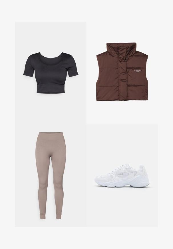 Brązowa, pikowana kamizelka bez rękawów z wysokim kołnierzem, z zamkiem z przodu i naszytą logotypem po lewej stronie. Gładka, błyszcząca faktura.; Czarny prążkowany krótki top z krótkimi rękawami, szerokim okrągłym dekoltem i dopasowanym paskiem na dole. Miękka tekstura, casualowy design.; Prążkowane legginsy w miękkim odcieniu taupe, z wysokim stanem, dopasowanym krojem i zwężającymi się kostkami. Wykonane z teksturowanej, elastycznej tkaniny.; Białe buty sportowe z teksturowaną siateczkową cholewką, wyściełanym kołnierzem i masywną podeszwą. Posiadają logo po boku oraz sznurowanie.