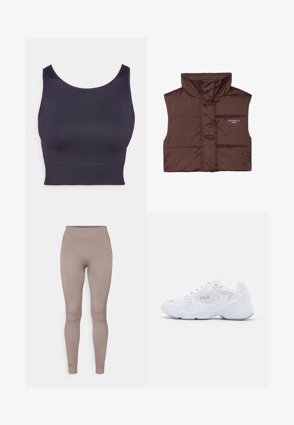 Hnedý prešívaný bezrukávový vest s vysokým golierom, s jedným zipsom vpredu a zošitým logom na ľavej strane. Hladká, lesklá textúra.; Tmavofialový športový top vyrobený z rebrovaného materiálu, s okrúhlym výstrihom a priliehavým, skráteným strihom. Hladký povrch bez viditeľných kovových prvkov.; Ribkované legíny v jemnej taupe farbe, s vysokým pásom, úzkym strihom a zúženými členkami. Vyrobené z textúrovaného, elastického materiálu.; Biele športové topánky s textúrovaným sieťovaným zvrškom, polstrovaným golierom a výraznou podrážkou. Obsahuje logo na boku a šnurovanie.