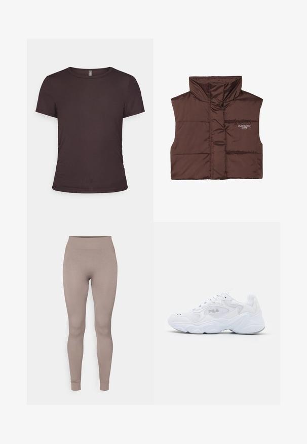 Veste sans manches en peluche marron avec col haut, dotée d'une fermeture éclair à l'avant et d'un logo cousu sur le côté gauche. Texture lisse et brillante.; T-shirt marron à manches courtes en tissu côtelé, avec un col rond et une coupe ajustée, comportant des détails de fronces latérales subtiles.; Leggings côtelés dans une douce couleur taupe, avec une taille haute, une coupe slim et des chevilles fuselées. Fabriqués en tissu texturé et extensible.; Baskets blanches avec une tige en mesh texturé, un col rembourré et une semelle épaisse. Présente un logo sur le côté et un système de laçage.