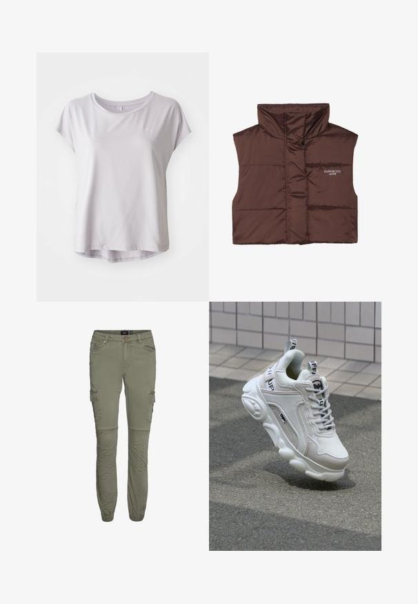 Brūns polsterēts bezpiedurkņu žakets ar augstu apkakli, ar rāvējslēdzēju priekšpusē un iešūtu logo detaļu kreisajā pusē. Gluda, spīdīga tekstūra.; Gaišs pelēks īsām piedurknēm sporta krekls, kas izgatavots no gludas, elpojošas auduma; apaļš dekoltē ar nelielu izliekumu apakšmalā, nodrošinot brīvu piegriezumu.; Olīvzaļi kravas bikses izgatavotas no izturīgas kokvilnas maisījuma ar sašaurinātiem aizdariem, vairākām kabatām un ceļa krokām, lai nodrošinātu papildu mobilitāti.; Baltas sneakers ar sieta un ādas materiāliem, noapaļota purngala, bieza zole, izteiksmīgas šnīres un zīmols uz papēža un mēles.