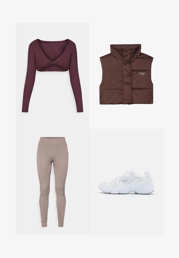 Brun polstret ermeløs vest med høy krage, med glidelås foran og sydd inn logo-detalle på venstre side. Glatt, blank tekstur.; Langermet, dyp burgunder crop top laget av glatt stoff, med et vridd frontdesign og en bred V-hals.; Ribbestrømper i en myk taupe-farge, med høy midje, slim fit og avsmalnede ankler. Laget av et strukturert, elastisk stoff.; Hvite joggesko med et strukturert mesh-overdel, polstret krage og tykk såle. Har en logo på siden og snøring.