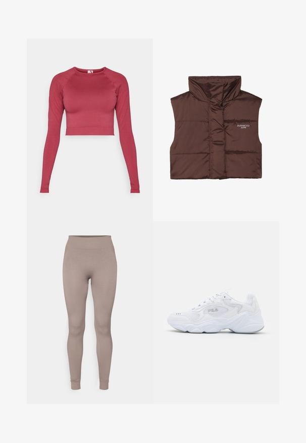 Smešani smešano smešani prsluk smešano bez rukava sa visokim ovratnikom, sa prednjim zatvaračem i ušivenim logom s lijeve strane. Glatka, sjajna tekstura.; Dugi rukavi skraćeni top u tamnocrvenoj boji, izrađen od rastezljivog materijala. Ima okrugli izrez i rebrasti rub na dnu i na rukavima. Glatka tekstura.; Rebraste tajice u mekoj taupe boji, s visokim strukom, uskim krojem i suženim gležnjevima. Izrađene od teksturiranog, rastezljivog materijala.; Bijela atletska cipela s teksturiranim mrežastim gornjim dijelom, podstavljenim ovratnikom i debelim potplatom. Ima logotip sa strane i vezanje na vezice.