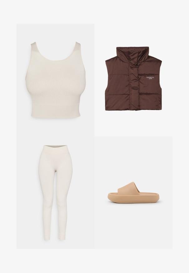 Ruskean pehmustettu hihaton liivi korkealla kauluksella, jossa on vetoketjusuljenta ja ommeltu logotiedosto vasemmalla puolella. Sileä, kiiltävä rakenne.; Beige ribbattu toppi, jossa on leveät hihnat, pyöreä kaula-aukko ja istuva vyötärö. Materiaali on sileä ja joustava, kevyt kangas.; Vatsatut leggingsit beige-värissä, joissa on korkea vyötärö ja istuva muotoilu. Sileä kangas, kapenevat lahkeet ja resorit. ; Vaaleanruskeat liukuofficial sandalit, joissa on paksu, teksturoitu hihna ja pyöreä pohja. Ominaisuuksiin kuuluu sileä pinta ja uritettu alaosa pitävyyden saamiseksi.