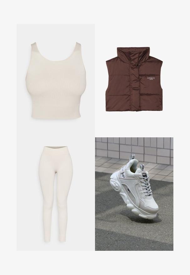 Colete acolchoado castanho sem mangas com colarinho alto, apresentando fecho de correr frontal e detalhe de logótipos cosido no lado esquerdo. Textura lisa e brilhante.; Top crop em bege com nervuras, alças largas, decote redondo e cintura ajustada. A textura é suave, com um tecido leve e elástico.; Leggings canelados em bege, com um cós alto e design justo. Textura suave com pernas ajustadas e bainhas franzidas.; Sapatilha branca com materiais em malha e couro, bico arredondado, sola grossa, atacadores proeminentes e marca no calcanhar e na língua.