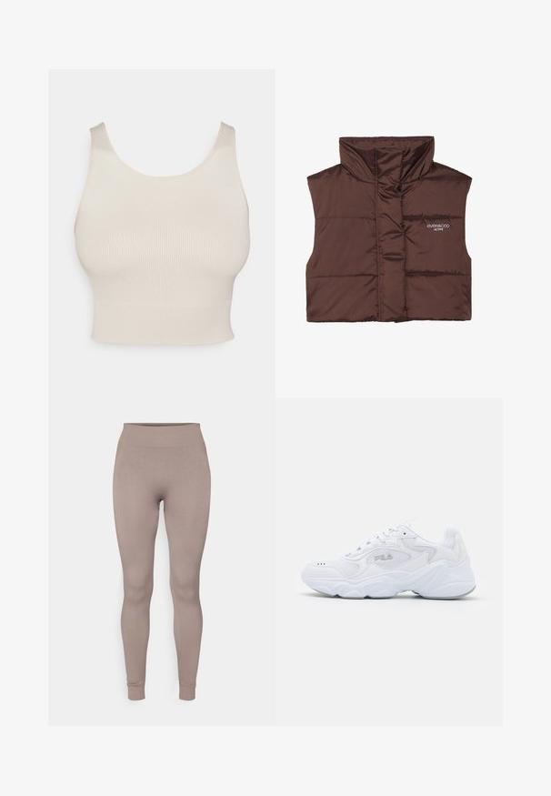 Braune gepolsterte ärmellose Weste mit hohem Kragen, ausgestattet mit einem Reißverschluss vorne und eingesticktem Logo-Detail auf der linken Seite. Glatte, glänzende Textur.; Beiger gerippter Cropped-Top mit breiten Trägern, einem runden Halsausschnitt und einer figurbetonten Taille. Die Textur ist glatt, mit einem dehnbaren, leichten Stoff.; Gestreifte Leggings in einem sanften Taupe-Farbton, mit hohem Bund, schmaler Passform und tapered Beinen. Hergestellt aus einem strukturierten, dehnbarem Stoff.; Weißer Sportschuh mit einem strukturierten Mesh-Obermaterial, gepolstertem Schaft und klobiger Sohle. Verfügt über ein Logo an der Seite und eine Schnürung.