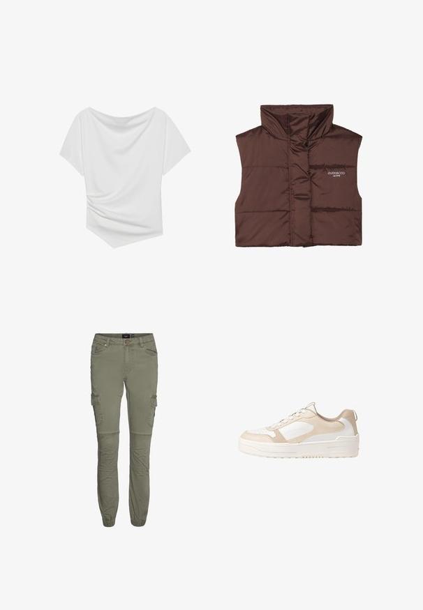 Brun polstret ærmeløs vest med høj krave, der har lynlås fortil og indsyet logo-detail på venstre side. Glat, blank overflade.; Hvid kortærmet top med off-shoulder design, der har en draperet tekstur og indsnævret detalje på den ene side. Glat stof.; Olivengrønne cargo bukser i en slidstærk bomuldsblanding med tætsiddende manchetter, flere lommer og knæfold for øget bevægelighed.; Beige og hvid sneaker med en glat læderoverdel, perforeret tå, snørebåndsdesign, teksturerede detaljer og en kraftig gummisål.
