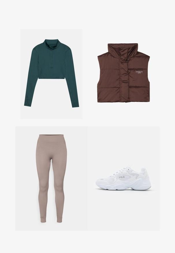 Barna párnázott ujjatlan mellény magas gallérral, elöl cipzárral, a bal oldalon varrt logó részlettel. Simább, fényes textúra.; Sötét türkiz crop top, hosszú ujjak, magas gallér fél cipzárral, sima textúra, megerősített varrás a varratokon.; Ráncos leggings puha taupe színben, magas derékkal, karcsú szabással és beszűkült bokákkal. Texturált, rugalmas anyagból készült.; Fehér sportcipő strukturált hálós felső résszel, párnázott bokarésszel és masszív talppal. Oldalán logóval és fűzős záródással rendelkezik.