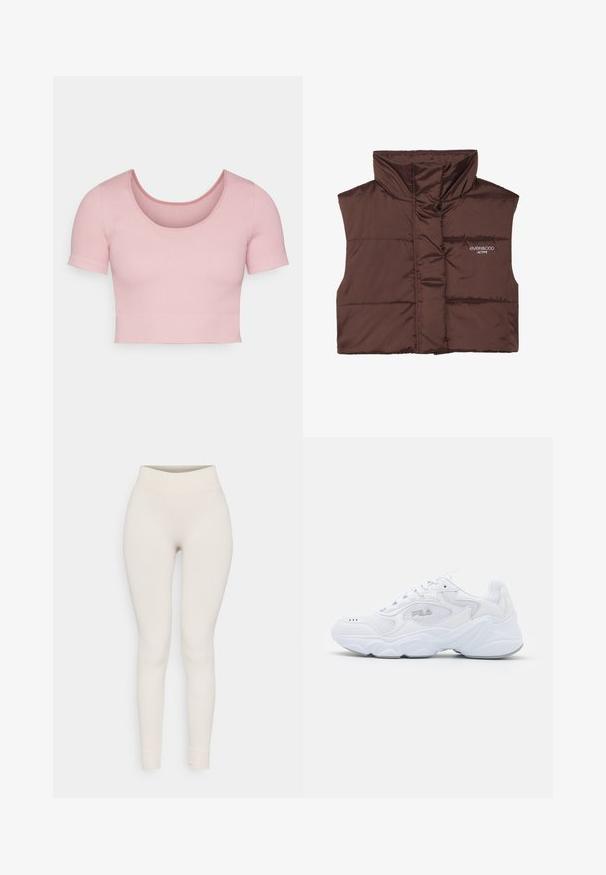 Hnedý prešívaný bezrukávový vest s vysokým golierom, s jedným zipsom vpredu a zošitým logom na ľavej strane. Hladká, lesklá textúra.; Ružový rebrovaný kratší top s krátkym rukávom, ktorý má zaoblený výstrih a priliehavý strih. Hladká textúra s čistým, jednoduchým dizajnom.; Béžové rebrované legíny s vysokým pásom a priliehavým strihom. Hladká textúra s zúženými nohavicami a manžetami na spodnej časti.; Biele športové topánky s textúrovaným sieťovaným zvrškom, polstrovaným golierom a výraznou podrážkou. Obsahuje logo na boku a šnurovanie.