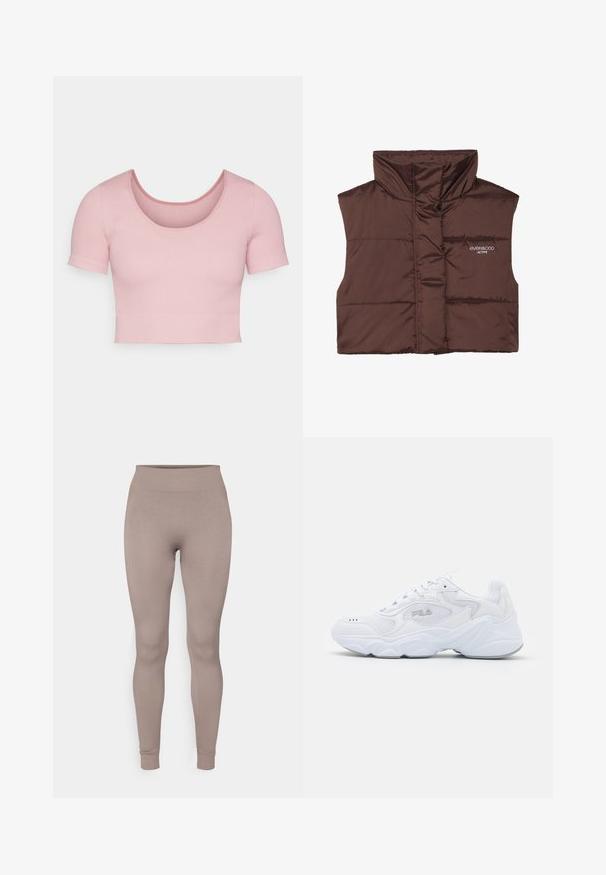Brązowa, pikowana kamizelka bez rękawów z wysokim kołnierzem, z zamkiem z przodu i naszytą logotypem po lewej stronie. Gładka, błyszcząca faktura.; Różowy prążkowany crop top z krótkim rękawem, charakteryzujący się okrągłym dekoltem i dopasowanym krojem. Gładka faktura z czystym, prostym wzornictwem.; Prążkowane legginsy w miękkim odcieniu taupe, z wysokim stanem, dopasowanym krojem i zwężającymi się kostkami. Wykonane z teksturowanej, elastycznej tkaniny.; Białe buty sportowe z teksturowaną siateczkową cholewką, wyściełanym kołnierzem i masywną podeszwą. Posiadają logo po boku oraz sznurowanie.