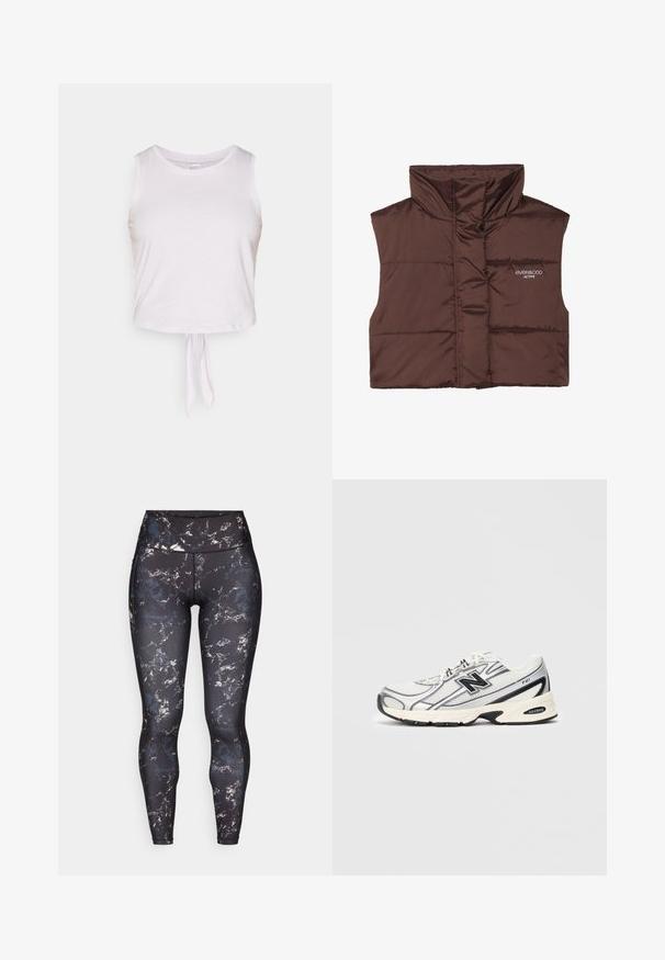 Barna párnázott ujjatlan mellény magas gallérral, elöl cipzárral, a bal oldalon varrt logó részlettel. Simább, fényes textúra.; Fehér rövidített trikó puha anyagból, kerek nyakkivágással és az alján elöl megkötős részlettel, amely illeszkedő megjelenést biztosít.; Felső derékig érő leggings fekete alapszínen, tompa színekkel márványos mintázattal. Sima, nyújtható anyag, kontrasztvarrással, látható fém részek nélkül.; Fehér és szürke sportcipő fekete "N" logóval, hálós felsőrész, párnázott talp és fűzős kialakítás, világos szürke háttér előtt.