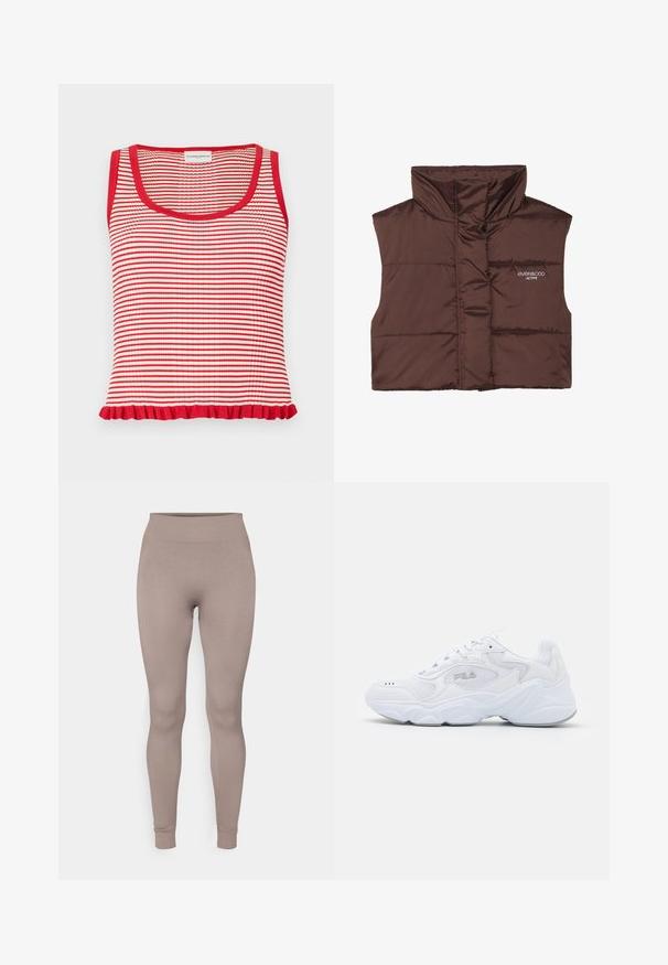 Brun vadderad ärmlös väst med hög krage, med dragkedja framtill och inbrottat logotypdetalj på vänster sida. Slät, glänsande yta.; Röd och vit randig tanktopp med ribbat mönster och volangkant. Har en rundad halsringning och breda axelband.; Ribbade leggings i en mjuk taupe-färg, med hög midja, smal passform och avsmalnande anklar. Tillverkade av ett texturerat, stretchigt tyg.; Vita idrottssko med ett texturerat mesh-övre, vadderad krage och kraftig sula. Har en logotyp på sidan och snörning.