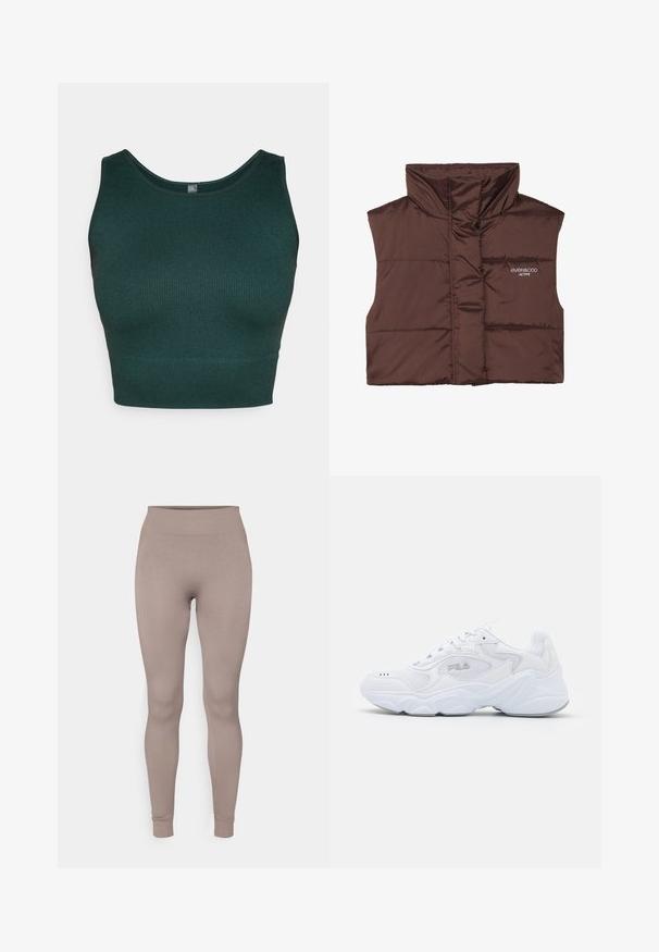 Brązowa, pikowana kamizelka bez rękawów z wysokim kołnierzem, z zamkiem z przodu i naszytą logotypem po lewej stronie. Gładka, błyszcząca faktura.; Ciemnozielony, prążkowany krótki top na ramiączkach z okrągłym dekoltem i szerokimi ramiączkami, wykonany z teksturowanego materiału dzianinowego.; Prążkowane legginsy w miękkim odcieniu taupe, z wysokim stanem, dopasowanym krojem i zwężającymi się kostkami. Wykonane z teksturowanej, elastycznej tkaniny.; Białe buty sportowe z teksturowaną siateczkową cholewką, wyściełanym kołnierzem i masywną podeszwą. Posiadają logo po boku oraz sznurowanie.
