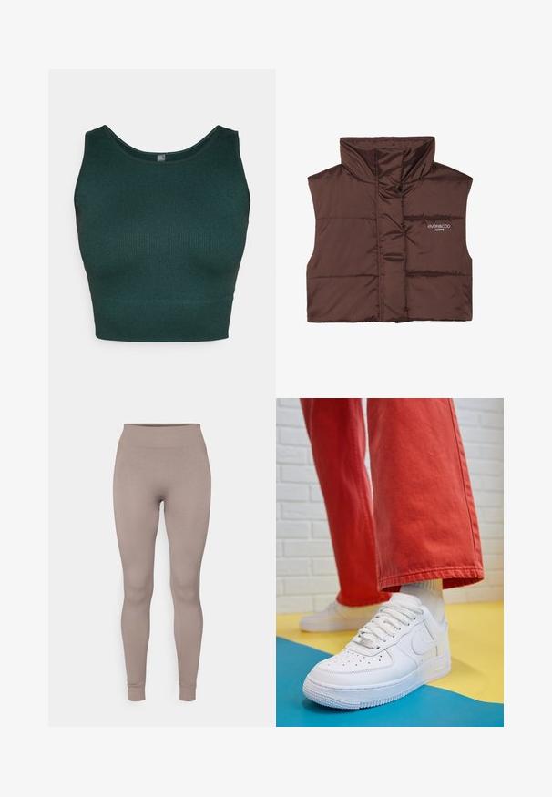 Smešani smešano smešani prsluk smešano bez rukava sa visokim ovratnikom, sa prednjim zatvaračem i ušivenim logom s lijeve strane. Glatka, sjajna tekstura.; Tamnozeleni rebrasti skraćeni top s okruglim izrezom i širokim trakama, izrađen od teksturiranog pletenog materijala.; Rebraste tajice u mekoj taupe boji, s visokim strukom, uskim krojem i suženim gležnjevima. Izrađene od teksturiranog, rastezljivog materijala.; Bijele kožne tenisice s perforiranim prednjim dijelom, teksturiranim đonom i bijelim vezicama, u kombinaciji s širokim crvenim hlačama i plavo-žutom pozadinom.