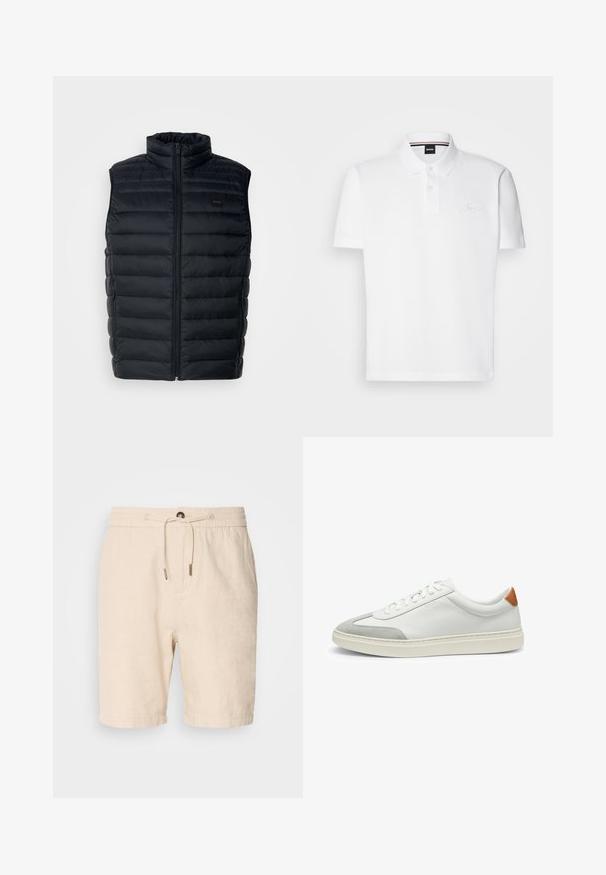 Schwarze Steppweste mit hohem Kragen, Reißverschluss und seitlichen Taschen. Besitzt eine gesteppte Textur und ein kleines Logo-Label auf der Vorderseite.; Weißes Poloshirt aus einer Baumwoll-Polyester-Mischung, mit Kragen, zwei Knopf-Leiste und dezentem gesticktem Logo auf der Brust.; Scotch & Soda SEASONAL CORE BERMUDA - Shorts - soft camel; Weiße Leder-Sneaker mit grauen Wildlederakzenten und einer sandfarbenen Lederfersenschlaufe. Sie verfügen über eine strukturierte Oberfläche und eine leichte Sohle.