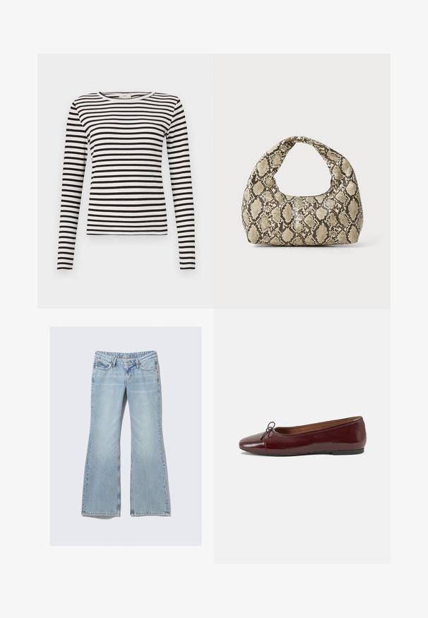 Krém színű kötött mellény V nyakkal, kábelmintás designnal, rövid ujjal és bordázott szegéllyel. Puha tapintású és dundi fazonú.; Fekete-fehér csíkos, hosszú ujjú póló kerek nyakkivágással és testhezálló bordázott textúrával. A csíkok szélessége kiegyensúlyozott.; Weekday NOVA - Karcsúsított farmerek - lip blue; Burgundi lakkbőr balettcipő kerek orral, elöl kis masni díszítéssel és alacsony, fekete gumi talppal. Simára csiszolt felület.; Kígyómintás kézitáska ívelt fogantyúval. Texturált, bézs és barna anyagból készült, jellegzetes gyémántmintával.