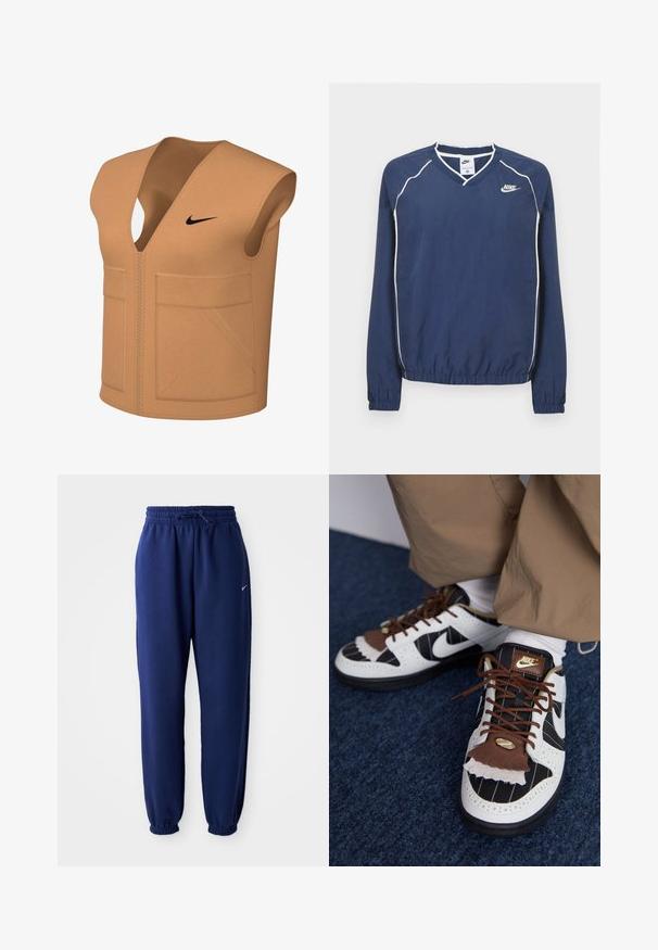 Beige, sleeveless vest with a v-neck design, featuring a zip front and two large pockets, adorned with a black Nike logo on the chest.; Navy blue Nike long-sleeve pullover with a V-neck, white piping along seams, and elasticized cuffs and hem. Features a logo on the left chest.; Navy blue sweatpants made of soft fabric, featuring an elastic waistband with drawstring, elastic cuffs, and a small white logo.; Nike sneakers with white, black, and brown materials. Features a textured brown flap, striped design, and traditional lacing with gold accents.