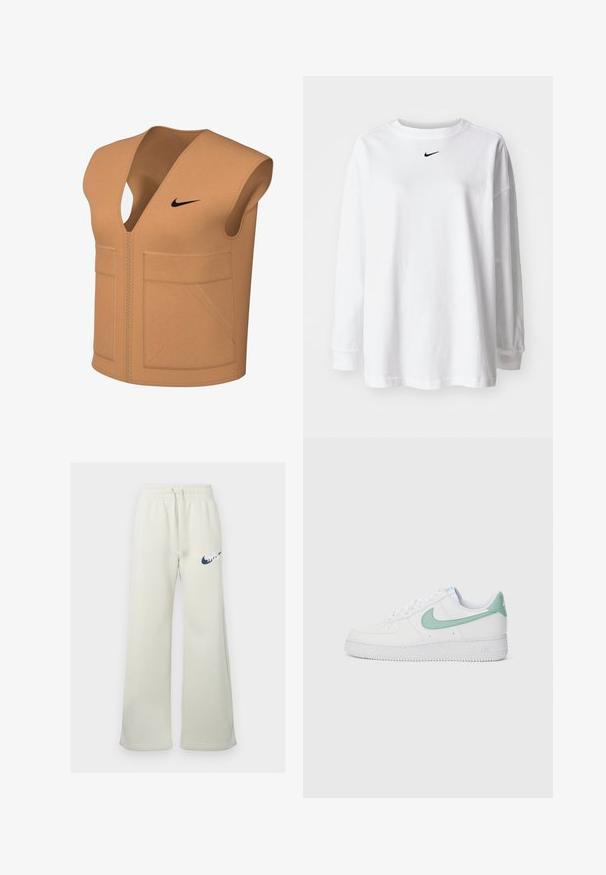 Beige, sleeveless vest with a v-neck design, featuring a zip front and two large pockets, adorned with a black Nike logo on the chest.; White long-sleeve t-shirt made of cotton, featuring a round neckline and a small black Nike logo on the chest. Simple design, relaxed fit.; Cream-colored sweatpants made of cotton blend, featuring a relaxed fit, elastic waistband with drawstring, and a navy Nike logo on the front.; White leather sneaker featuring a mint green Nike swoosh and heel tab, textured outsole, and classic lace-up design.