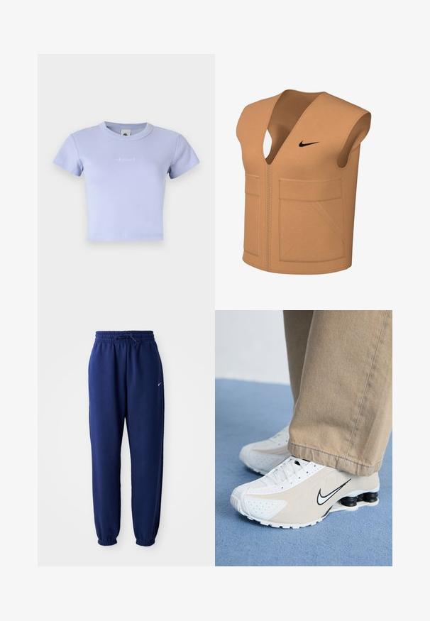 Bež prsluk na naramenice s V-izrezom, s prednjim zatvaračem i dva velika džepa, ukrašen crnim Nike logom na prsima.; Svijetlopurple rebrasti pamukasti crop majica s kratkim rukavima i okruglim izrezom. Sadrži diskretno izvezeni logo na prednjoj strani.; Mornarsko plave trenirke od mekog materijala, s elastičnom strukom i vezicom, elastičnim rukavima i malim bijelim logotipom.; Bijele i bež Nike tenisice s perforiranim dizajnom, crnim Swoosh logotipom, teksturiranim gornjim dijelom i prepoznatljivim proljetnim crnim potplatom.
