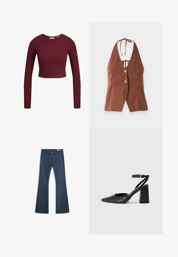 Hnědý halter top s hlubokým výstřihem ve tvaru V, zdobený čtyřmi růžovými knoflíky a zavazováním za krkem. Hladká tkanina s přiléhavým střihem.; Burgundská krátká blůzka, dlouhé rukávy, žebrovaná textura, kulatý výstřih, měkký materiál, přiléhavý střih. Etikety jsou zobrazeny na krku.; Tmavě modré rozšířené džíny z denimu s prošitými kapsami, zapínáním na knoflík a hladkým povrchem. Obsahují klasický design s pěti kapsami.; Černé kožené lodičky se špičatou špičkou, kotníkovým páskem a silným podpatkem. Hladká textura, elegantní design a minimalistická estetika.