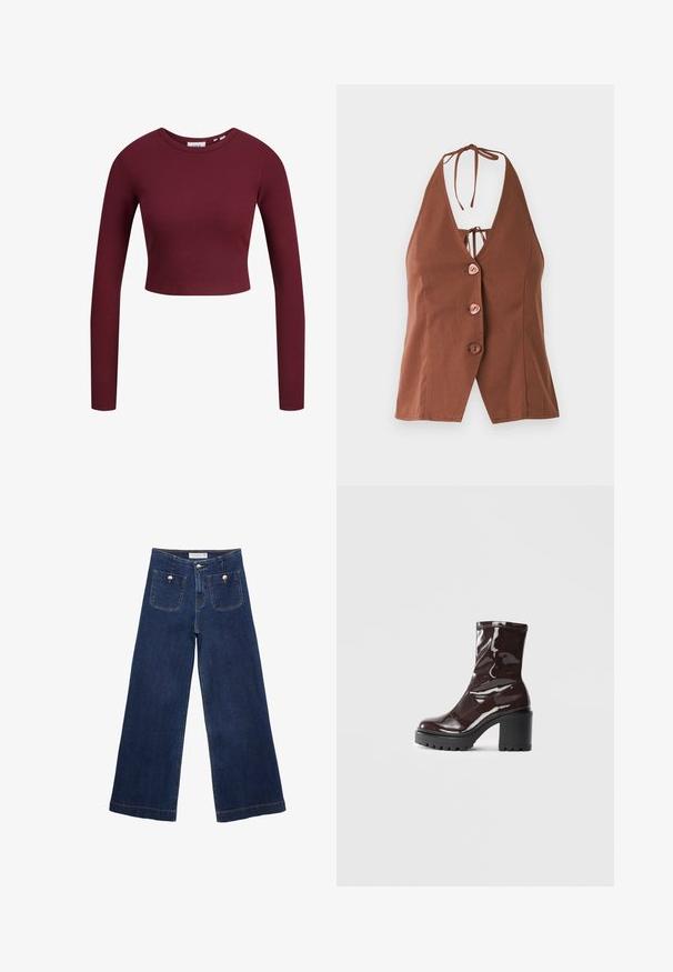 Smeđi halter-top s dubokim V-izrezom, s četiri ružičaste gumbe i vezanjem oko vrata. Glatka tkanina s prilagođenim siluetom.; Bordo korti top, dugi rukavi, rebrasta tekstura, okrugli izrez, mekani materijal, uski kroj. Oznake prikazane na vratu.; Tamno plave široke traperice izrađene od denima, s dva prednja džepa ukrašena dugmadima i ravnim rubom.; Sjajna burgundska čizma do gležnja s debelim crnim potplatom, koja se odlikuje glatkom teksturom i jednostavnim dizajnom. Nema vidljivih kopčanja ili uzoraka.