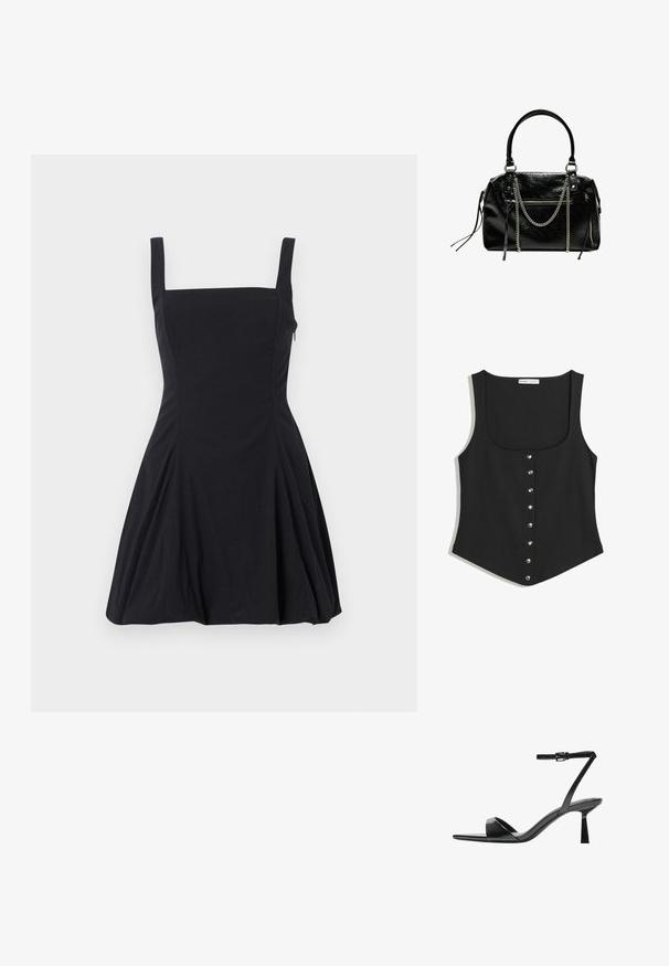 Schwarzes ärmelloses Tanktop in taillierter Passform, mit rundem Halsausschnitt und einer Reihe silberner Druckknöpfe vorne. Weicher Stoff.; Schwarzes ärmelloses Kleid mit einem quadratischen Ausschnitt, enganliegendem Oberteil und ausgestelltem Rock. Hergestellt aus weichem Stoff mit Nahtdetails.; Bershka High Heel Sandalette - black; Bershka WITH CHAIN - Handtasche - black