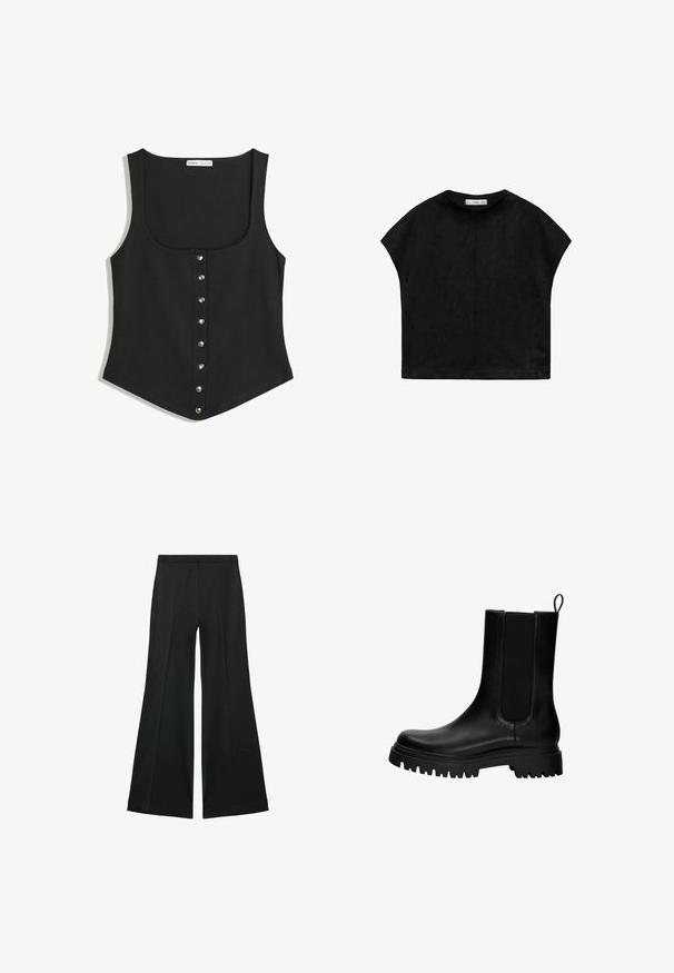 Crni bezrukavac u uskom dizajnu, s okruglim izrezom i redom srebrnih dugmadi na prednjoj strani. Mekana tkanina.; Crna majica s kratkim rukavima od mekog materijala, s okruglim izrezom i labavim, kutijastim oblikom, s vidljivim šavovima na leđima.; Crne široke hlače s glatkom teksturom, koje imaju prednje nabore i kroj po mjeri. Tkanina je lagana i lepršava.; Crne kožne gležnjače s elastičnim bočnim panelima, ručkom na poleđini i debelim, čvrstim potplatom. Glatka tekstura s modernim dizajnom.